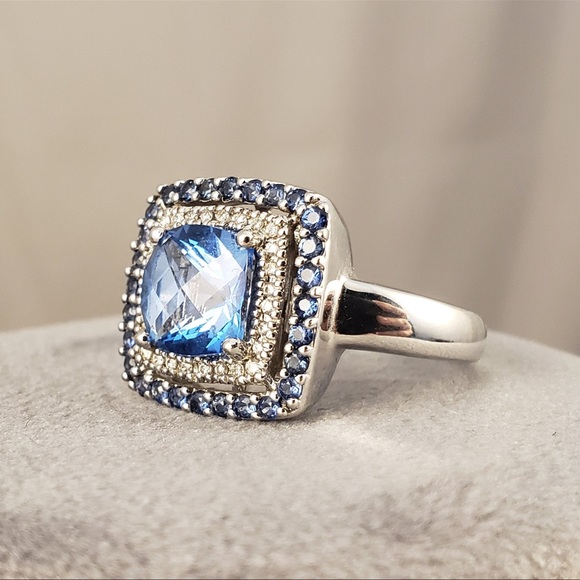 Levian Ring With Blue Topaz And Sapphire Diamond In 14K White Gold Size 6.5 - Picture 7 of 7